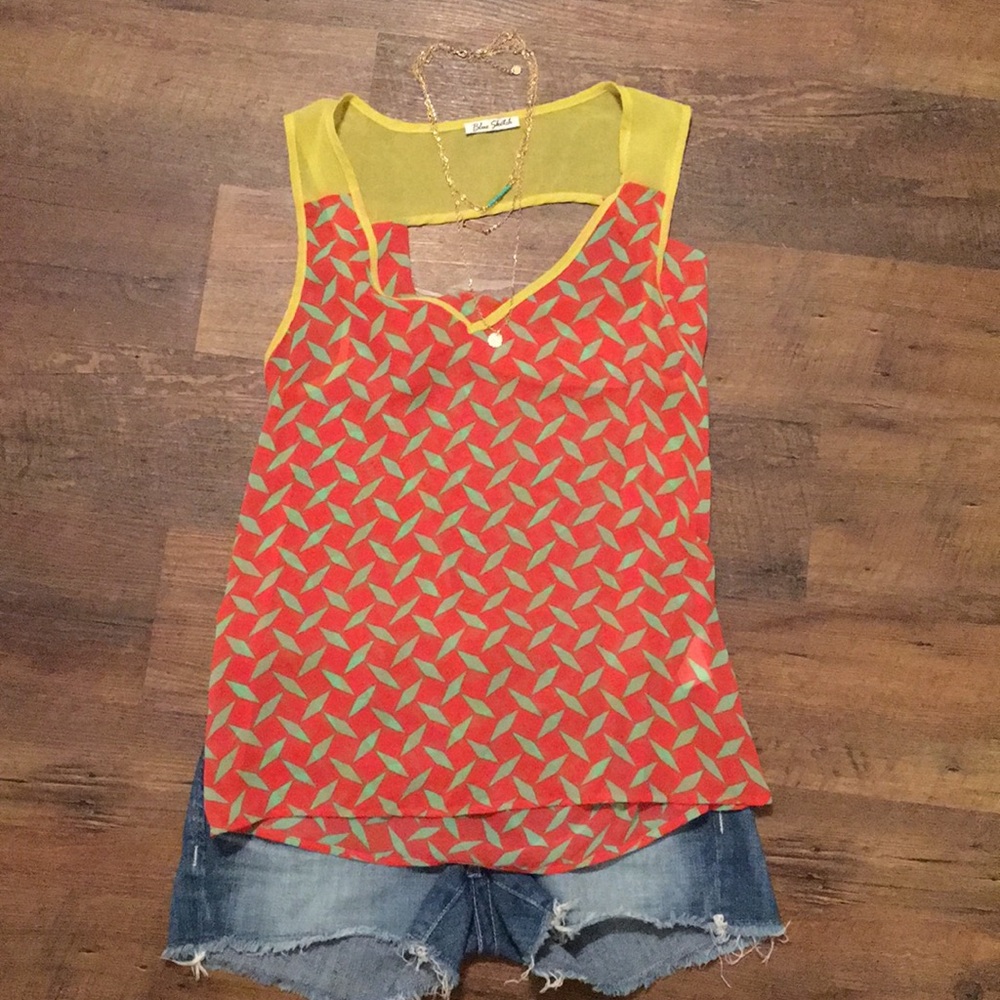 Coral/red, turquoise & neon green shirt